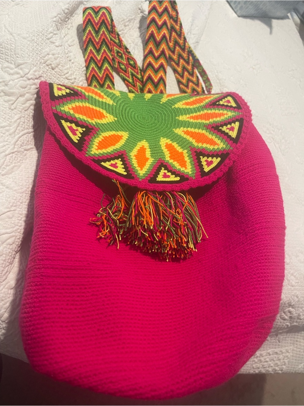 Vibrant Pink Handwoven Backpack with Multicolor Flap 12x12 Medium